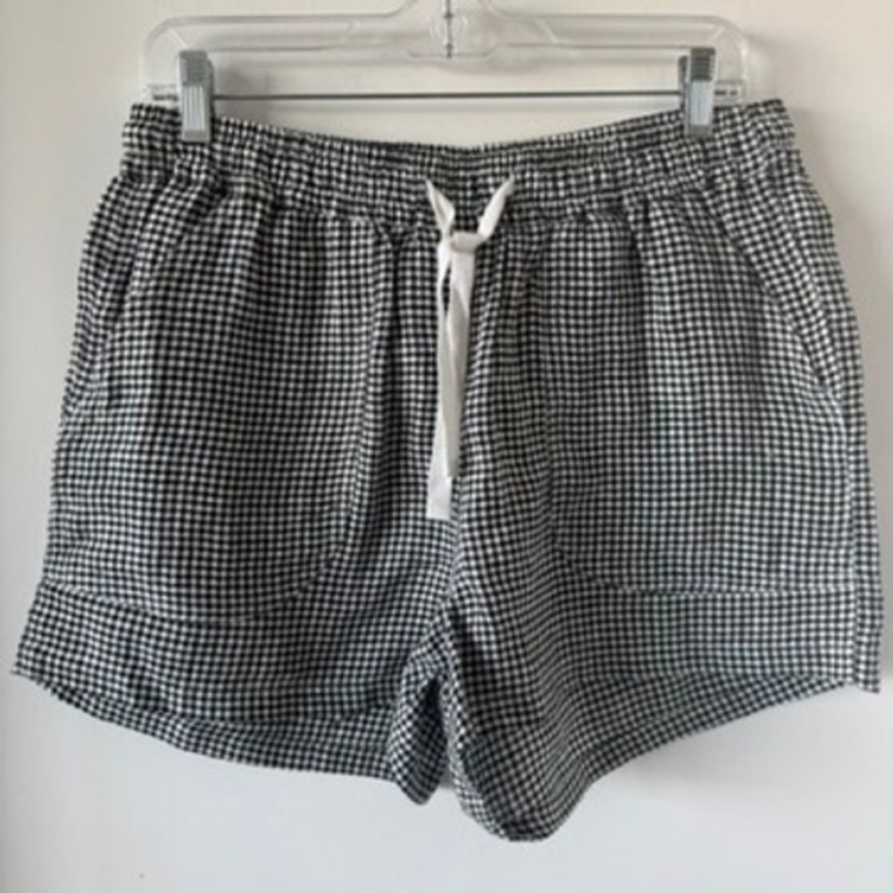 Quince 100% european linen shorts Gingham Black White Drawstring Elastic Waist - Picture 3 of 8
